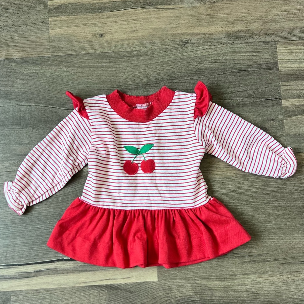 Vintage Healthtex Toddler Striped Red Cherry Ruffle Long Sleeve Top Size 12M